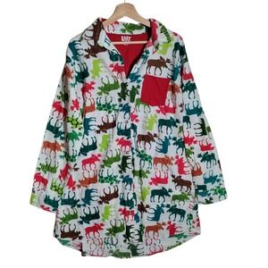 Lazy One Pajama Shirt Womans L/XL White Moose Print Flannel Night Shirt New